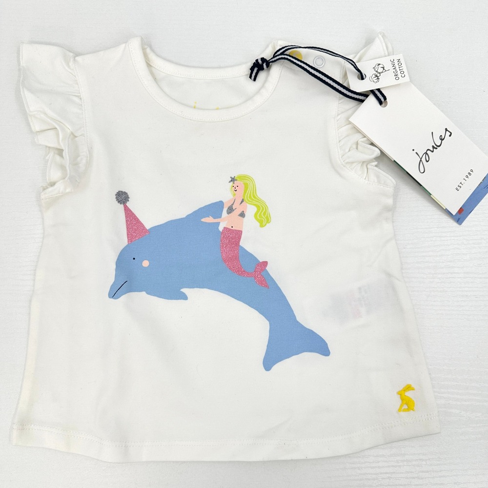 Joules Kids White Mermaid Dolphin Ruffle Sleeve‎ Organic Cotton Top 3-6M